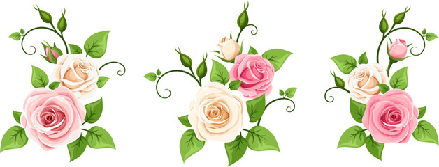 Wall Mural - Roses. Pink and white rose branches isolated on a white background. Set of vector illustrations