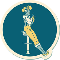 Wall Mural - tattoo style sticker of a pinup girl drinking a milkshake