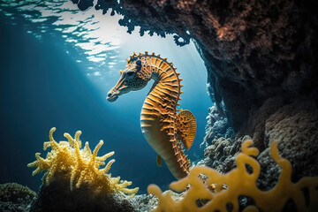 Wall Mural - Image for 3d floor. Underwater world. Seahorse. corals. (ai generated)