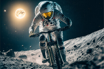 Wall Mural - astronaut rides a mountain bike on moon, goes in for sports, the concept of travel and a healthy lif