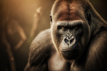 Canvas Print - Silverback male gorilla portrait on a light brown blur background. The great ape, the most dangerous and largest monkey in the world, has a serious look on its face. The leader of a family of gorillas