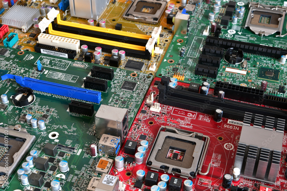 Modern Computer Motherboards. Motherboard digital chip. Technology background