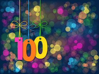 Wall Mural - No 100 suspended by string on background of colorful bokeh lights