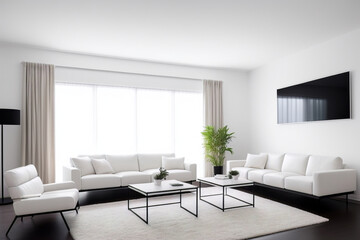 White living room with three large white couch, tables and TV on the wall.  Huge window and plant, minimalism. Generative AI technology