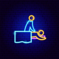 Sticker - Massage People Neon Sign. Vector Illustration of Washing Procedure. Clean and Wash. Glowing Led Lamp Promotion.