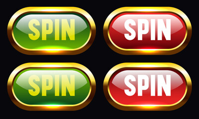 Spin button set. Red and green buttons in a gold frame. Buttons for online casino. Vector clipart isolated on black background.