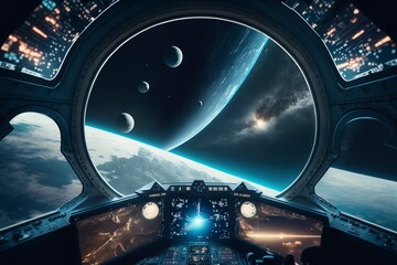 the cockpit of a spaceship, crossing the interstellar space and flying in the space.ai technology ge