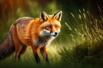 Canvas Print - Vulpes vulpes, a red fox, is on the hunt. This is a scene of European wildlife. Animal in the wild with an orange fur coat. Fox on the green meadow in the forest. Generative AI