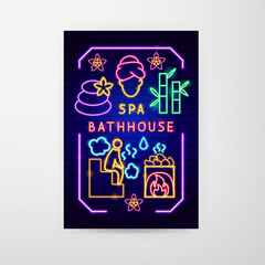 Poster - Spa Bathhouse Neon Flyer. Vector Illustration of Washing Procedure. Clean and Wash. Glowing Led Lamp Promotion.