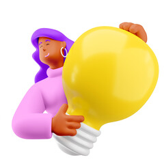 Wall Mural - 3d illustration. Cartoon girl 3d character with bulb. Creativity and innovation concept.