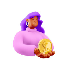 Wall Mural - 3d illustration. Cartoon girl 3d character with coins. Financial concept.