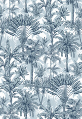 Vintage seamless pattern with tropical palms. Trees in linear style. Vector botanical illustration. Foliage design for wallpaper, textile and wrapping paper.