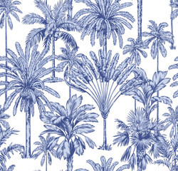 Vintage seamless pattern with tropical palms. Trees in linear style. Vector botanical illustration. Foliage design for wallpaper, textile and wrapping paper.