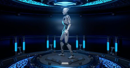 Wall Mural - Robot in Sci-Fi interrior standing on a platform. 3D animation