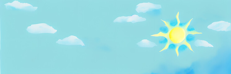 Wall Mural - watercolor painting of the sun and puffy clouds in the blue sky, generative ai, summer, vacation, ho