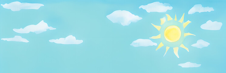 Wall Mural - watercolor painting of the sun and puffy clouds in the blue sky, generative ai, summer, vacation, ho