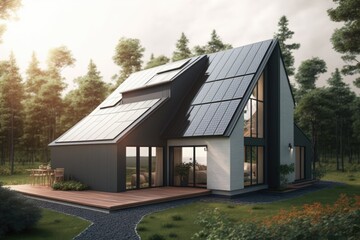 Wall Mural - house with solar panels on roof, created using generative ai technology