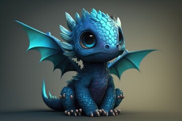 Wall Mural - image of cute blue dragon on purple background, created using generative ai technology