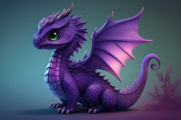 Wall Mural - image of cute blue dragon over purple background with plant, created using generative ai technology