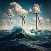 Three Wind Turbines In Ocean And Clouded Sky, Created Using Generative Ai Technology
