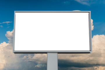 Wall Mural - front view: blank horizontal white billboard against blue sky with warm sunset clouds - mock up. con