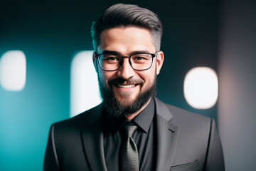 Wall Mural - A man with black hair wearing glasses and a black beard smiles at the camera against a black background. Generative AI