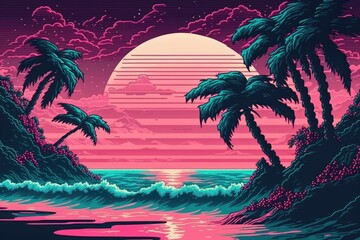Wall Mural - vaporwave landscape with sea, sun and palm trees, created using generative ai technology