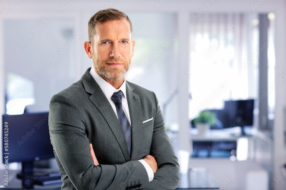 Senior businessman wearing suit and tie while standing at the office ...