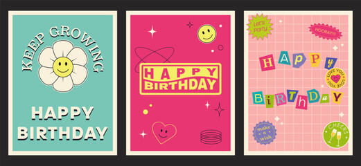 Wall Mural - Happy Birthday retro trendy greeting card set. Y2K poster, card, banner.