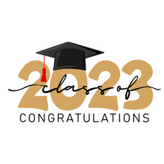 Class of 2023, congratulations. Handwritten text with graduation cap. Template for design party high school or college, graduate invitations or banner. Vector illustration