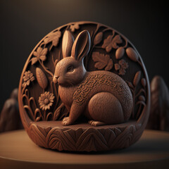 rabbit, hare, bunny, cute, aesthetic, ornaments, chinese zodiac, zodiac, wood, wooden, wood style, easter, brown, portrait, macro, generative ai