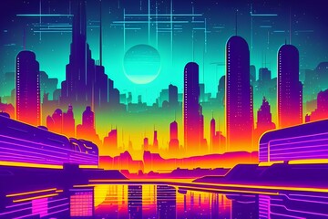 Retro background night city landscape 1980s style. 80s Sci-Fi. Futuristic background retro wave.Cyberpunk and retro wave style illustration 8k - generative ai