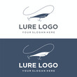 Logo design of fishing bait or fishing lure with hook and fishing rod.Logo for fishing shop, tournament and angler.