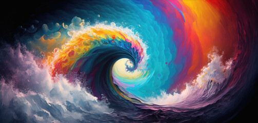 turbulent ocean waves vortex, surreal whirlpool swirl. sea foam, unreal rainbow colors, gale force s
