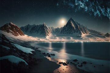 Poster - Winter mountains near the river against the backdrop of the night and the big moon AI