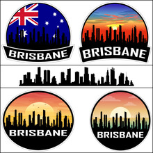 Brisbane Skyline Silhouette Australia Flag Travel Souvenir Sticker Sunset Background Vector Illustration SVG EPS AI