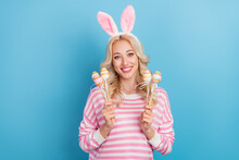 Photo Of Cute Blond Lady Easter Rabbit Wear Pink Shirt Isolated On Blue Color Background