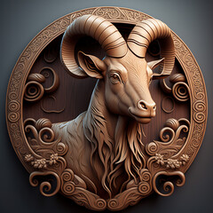 goat, mountain goat, horn, rounded, aesthetic, ornaments, chinese zodiac, zodiac, wood, wooden, wood style,, brown, portrait, in action, generative ai