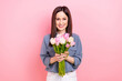 © deagreez - Photo of lovely pretty girlfriend lady wear trendy clothes hold nice fresh flowers isolated on pink color background