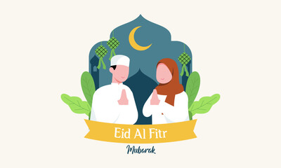 Wall Mural - Happy Muslim People Celebrate Eid Al-Fitr Mubarak Illustration