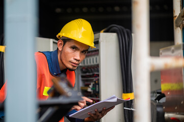 Wall Mural - Asian people working in factory, Asian worker checking machine in factory