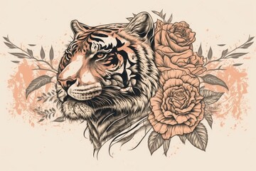 Sticker - Tiger head with roses that was drawn by hand and put on a white background. Elegant pencil drawing of a wildcat from the side with flowers in a vintage style, for a t shirt or a tattoo. Generative AI