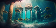 Ancient lost city of Atlantis underwater city of mythology with fish. Generation AI