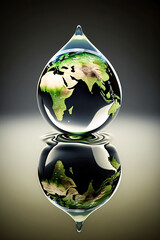 Earth globe in a water droplet with reflection. World Water Day. Climate Change concept. Earth Hour, World Climate Day, Mother Earth, Global Warming, Drought. Generative AI