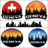 Fototapeta Miasta - Geneva Skyline Silhouette Switzerland Flag Travel Souvenir Sticker Sunset Background Vector Illustration SVG EPS AI