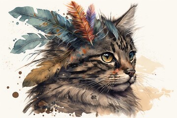 Canvas Print - A cute cat in watercolor with feathers. Generative AI