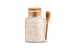 White bath salts in a glass jar. Mockup isolated on a white background. 3d rendering.