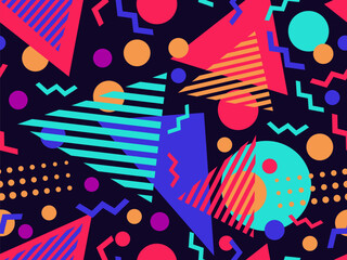 Wall Mural - Seamless geometric pattern in 80s memphis style. Colorful geometric shapes. Design of promotional products, wrapping paper and printing. Vector illustration