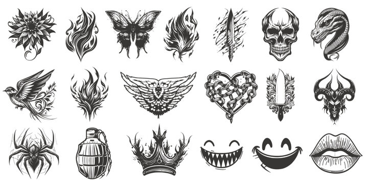 tattoo art 1990s, 2000s. y2k stickers isolated on white background. black trendy element design with