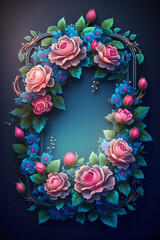 Poster - frame with pink roses on blue background